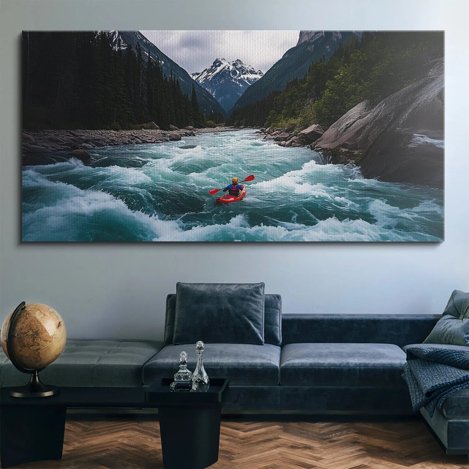 High-angle perspective capturing the turbulent flow and speed of the river below the dense forest line, Kayaking - 1.