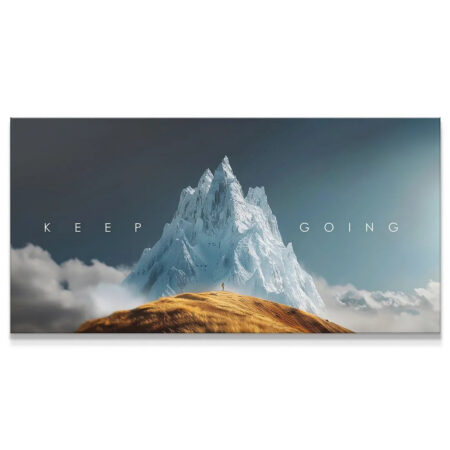 Wide horizontal view of the massive snowy mountain peak artwork with the text 'Keep Going'.