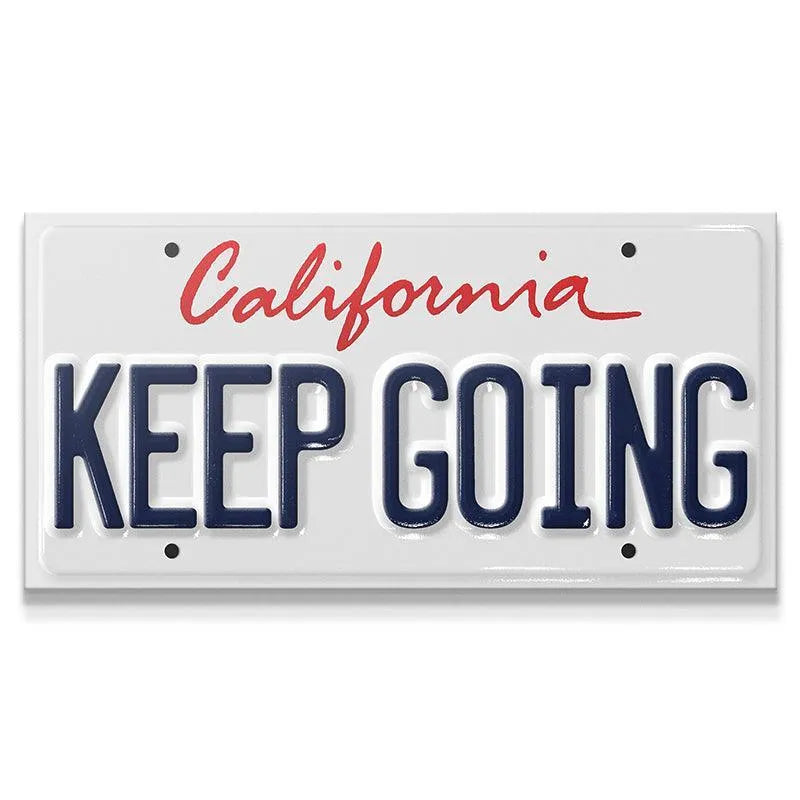 Full frontal view of the California themed 'Keep Going - CA' license plate decor on a white background.