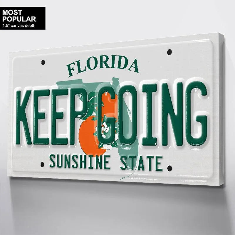 Texture detail of the embossed metal material used for the Keep Going - FL decorative sign on a white background.