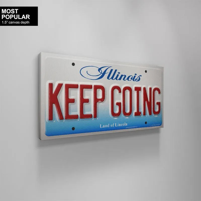 The blue gradient fading effect visible beneath the bold "KEEP GOING" slogan on the Keep Going - IL plate.