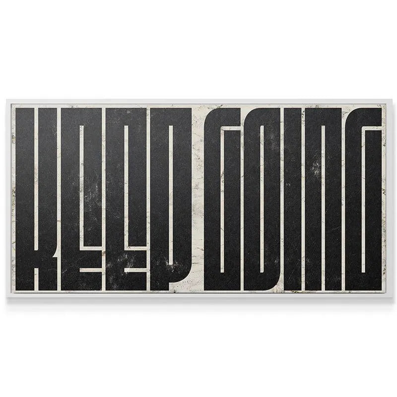 Angled shot of the rectangular canvas featuring the bold 'Keep Going - Maze (Black)' typography design.