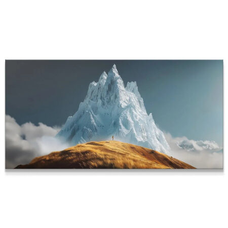 Panoramic view showing the small hiker against the towering snow peak, emphasizing scale in 'Keep Going (No Quote)'.