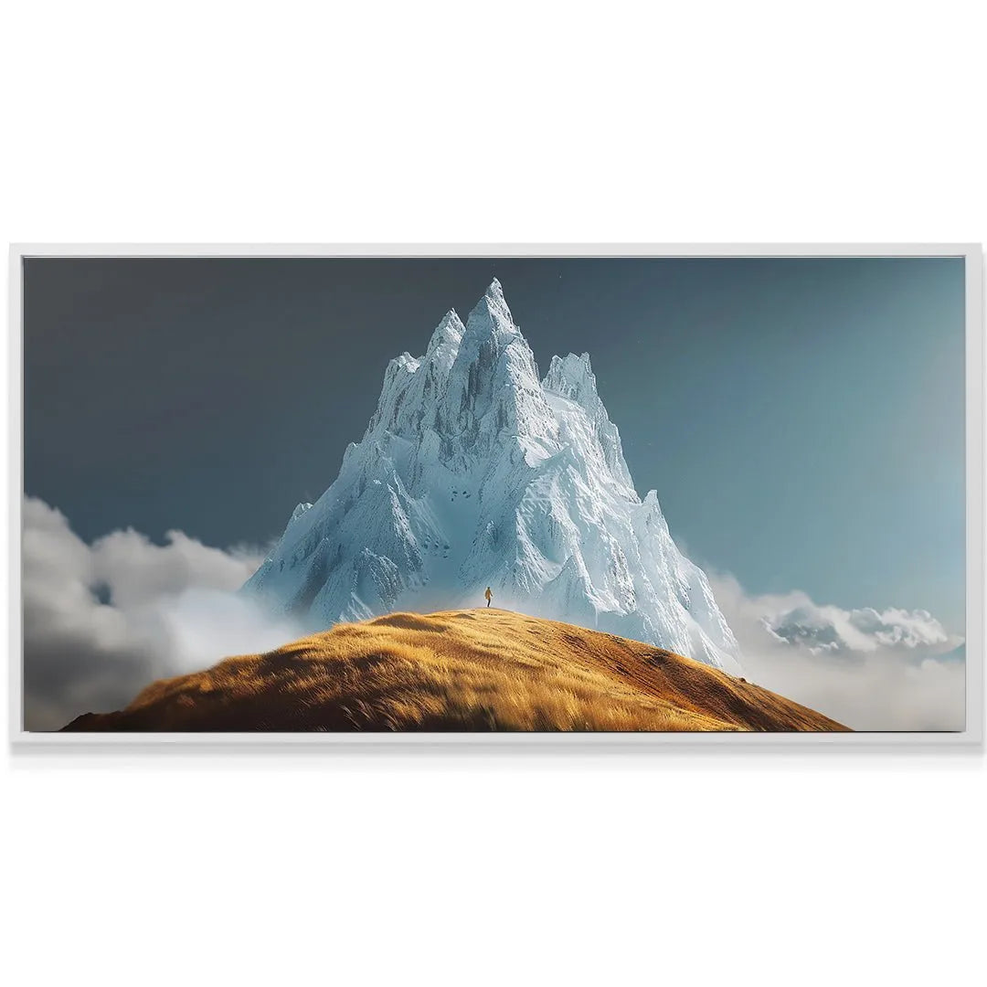 Wide-angle shot of the jagged, frozen white mountain cliffs featured in the 'Keep Going (No Quote)' artwork.