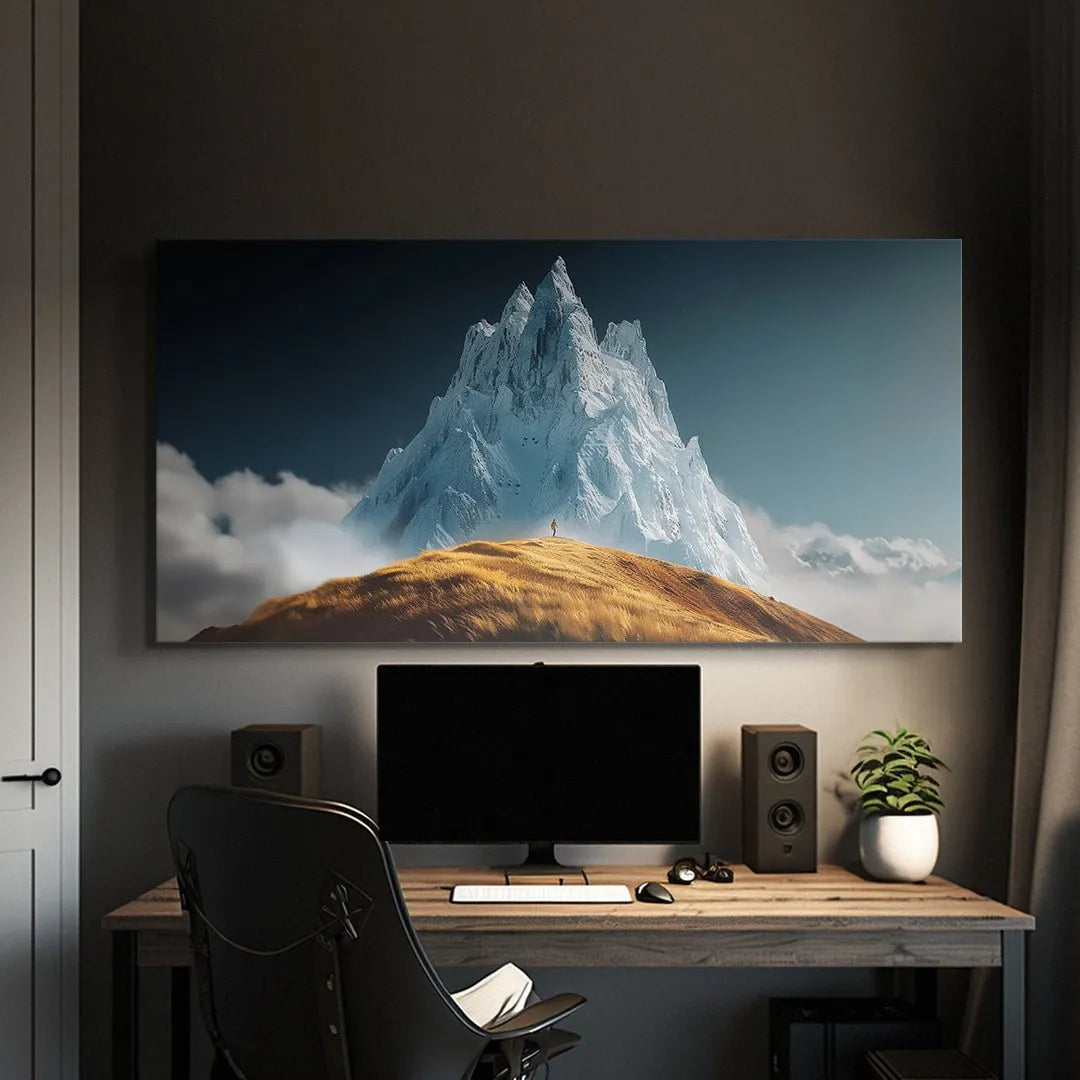 Mood-setting lifestyle image of the 'Keep Going (No Quote)' canvas hanging above a minimalist office desk.