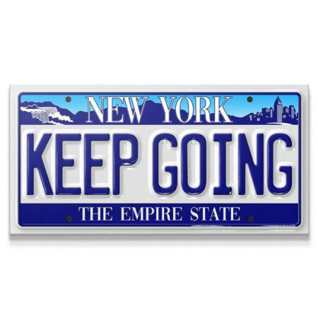 Full frontal view of the embossed blue and white "Keep Going - NY" New York license plate style sign.