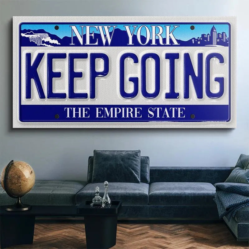 Detail crop focusing on the upper section showing the New York skyline silhouette above the main text of "Keep Going - NY".