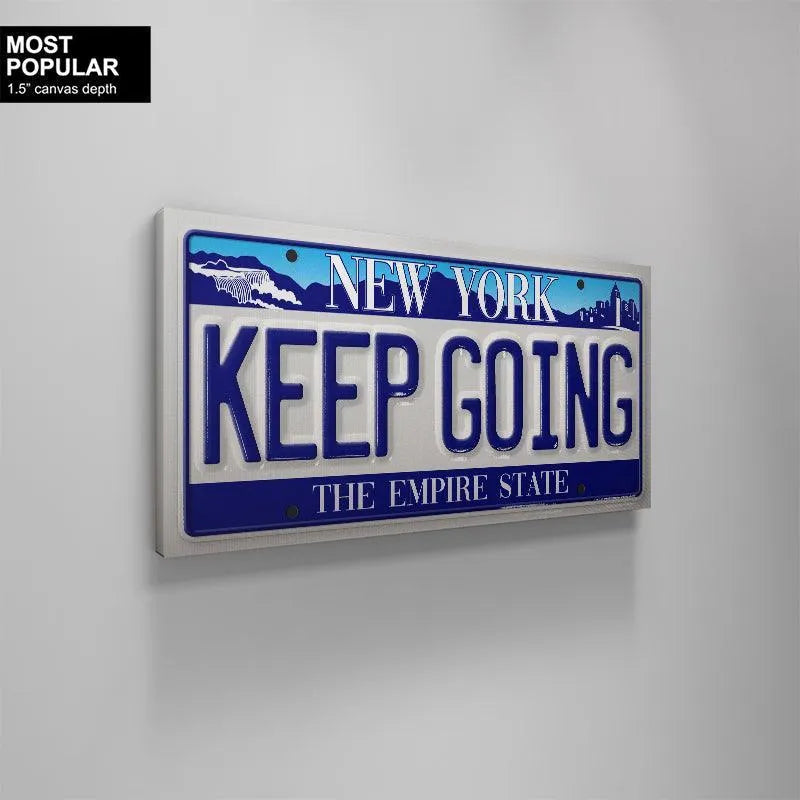 Picture capturing the vibrant contrast between the blue text and the white background in the "Keep Going - NY" design.