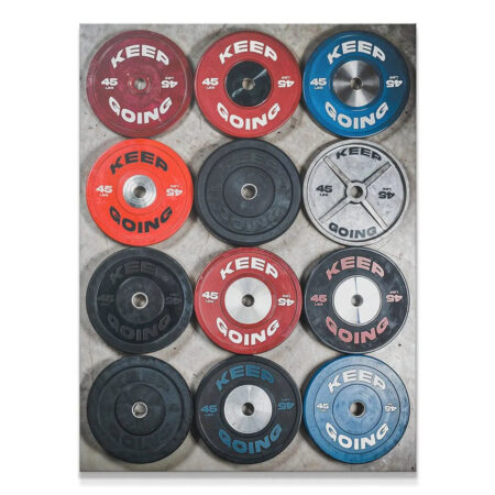 Overhead view of colorful bumper weights art, 'Keep Going Plates' prominently displayed.