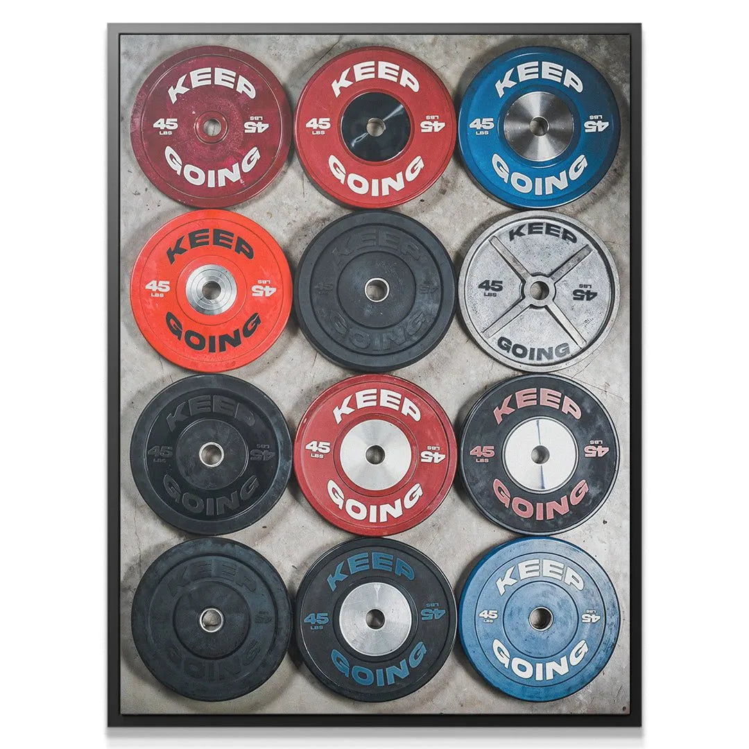 Close-up texture detail of red and black rubberized 'Keep Going Plates' artwork.