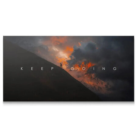 Panoramic view of the Keep Going Sunset art showing the full fiery mountain scene and text.