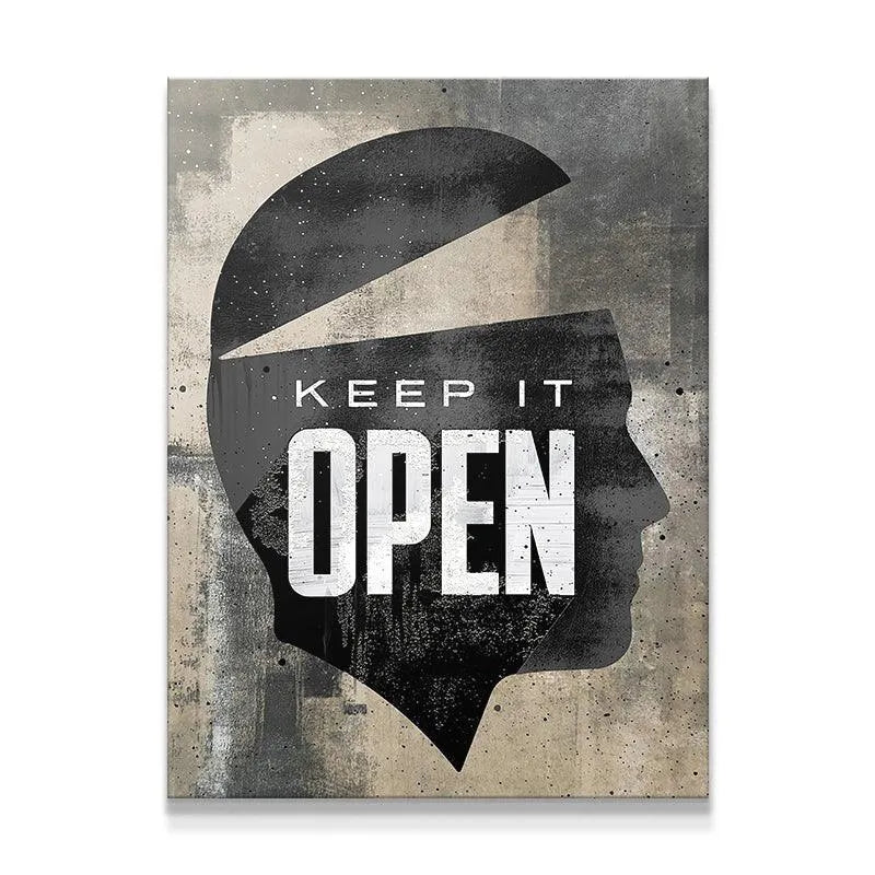 Full frontal view of the silhouette art print, urging viewers to Keep It Open.
