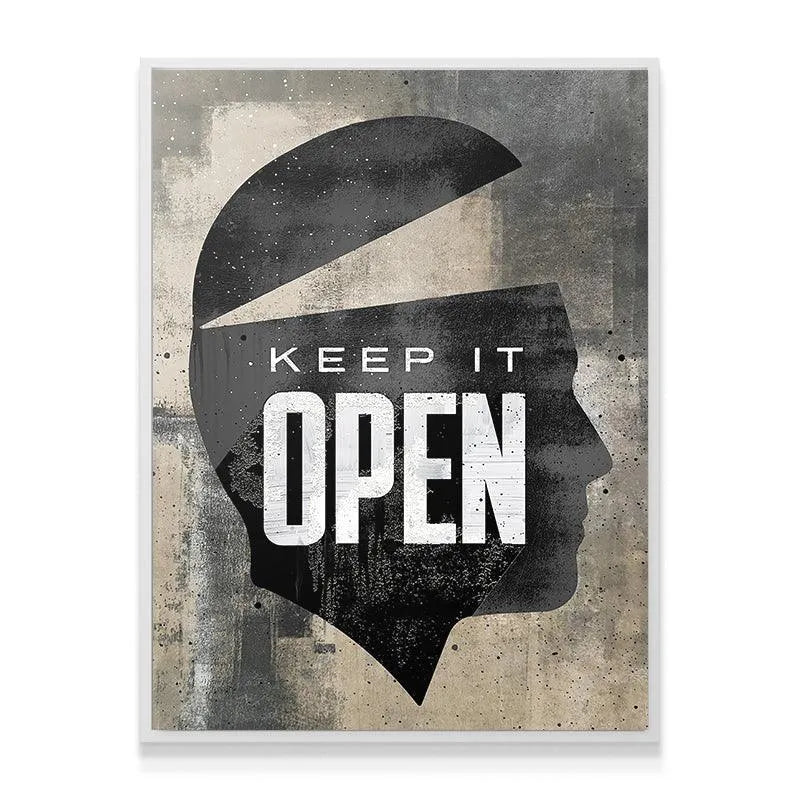 Lifestyle shot showing the large format Keep It Open print hanging in a minimalist office setting.