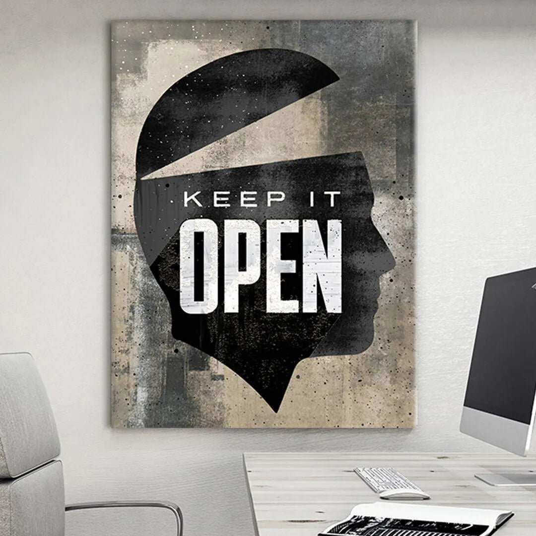 Angled perspective highlighting the side thickness and gallery wrap of the 'Keep It Open' wall art.