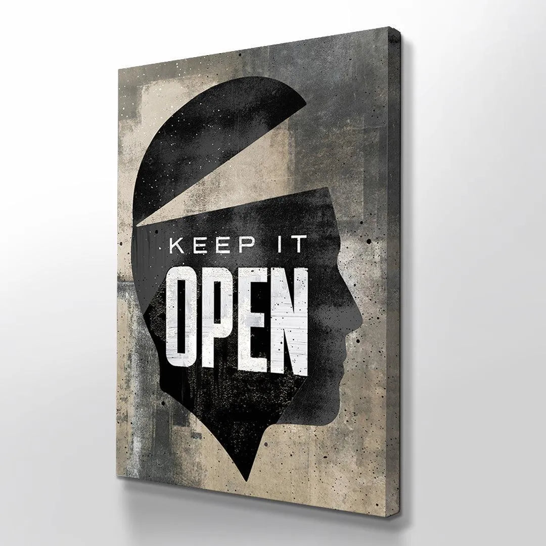 Texture study of the distressed concrete background behind the silhouette reading Keep It Open.