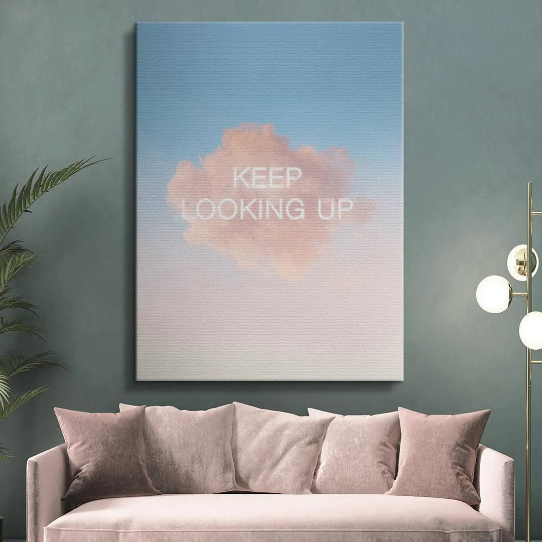 Upper corner perspective of the serene blue sky gradient surrounding the phrase Keep Looking Up.