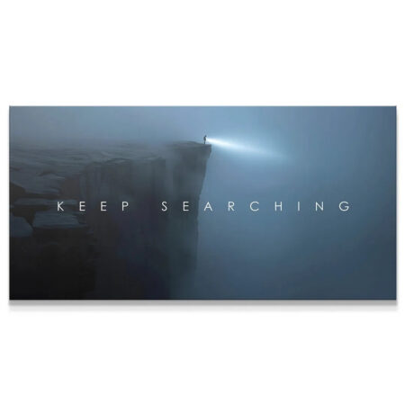Dramatic wide-angle shot of the 'Keep Searching' motivational poster showing the vast fog and cliff.