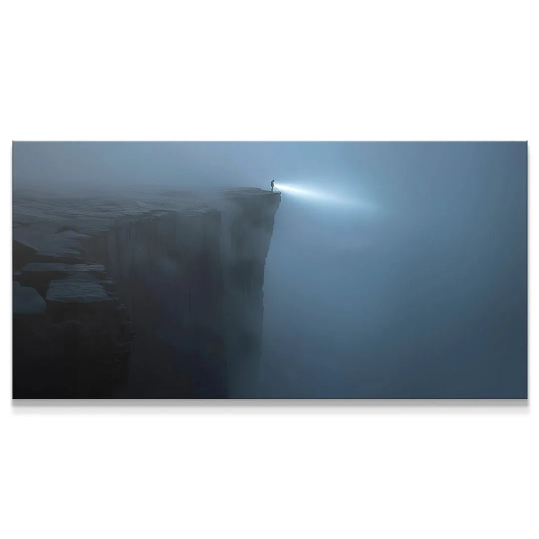 Panoramic view of the foggy cliff featuring the solitary figure with the headlight, illustrating 'Keep Searching (No Quote)'.