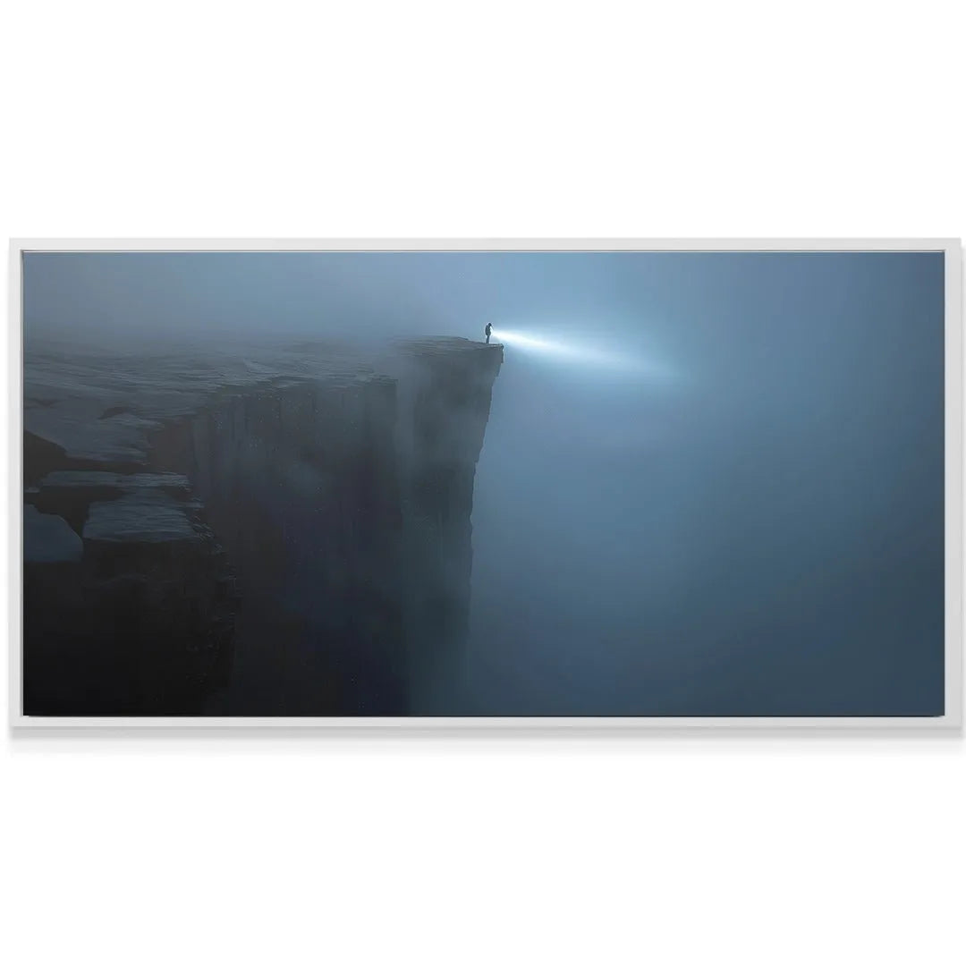 Low-angle perspective highlighting the immense drop-off and scale of the cliff in 'Keep Searching (No Quote)'.