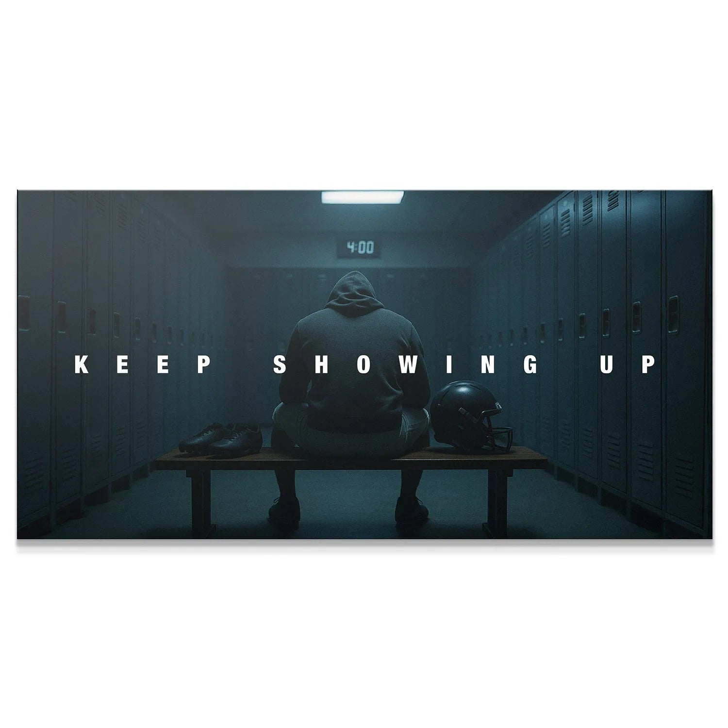 Panoramic view of an athlete sitting in a dark locker room with the text 'Keep Showing Up'.
