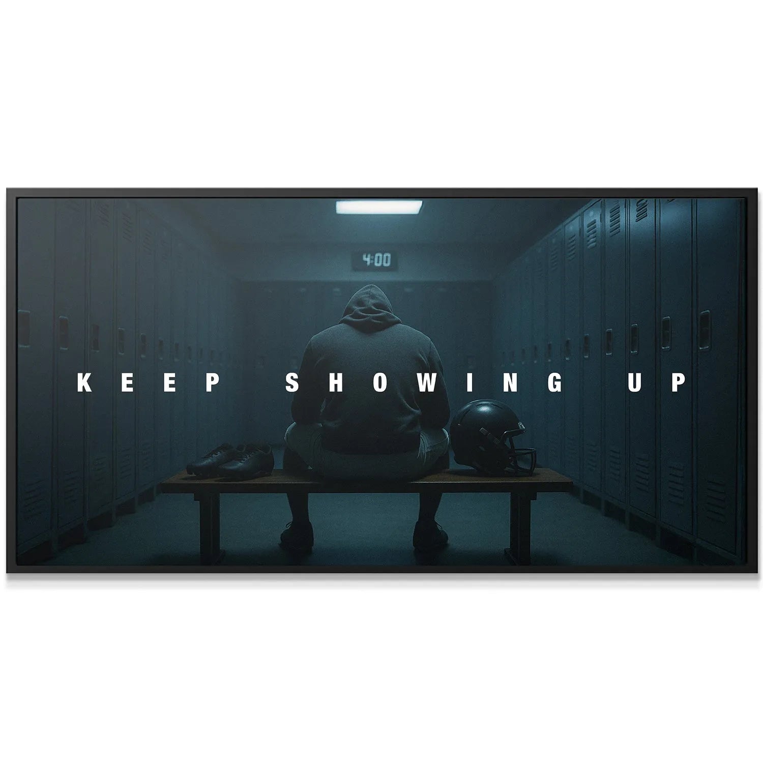 Close-up on the athlete's hooded back and shoulders, capturing the mood of 'Keep Showing Up'.