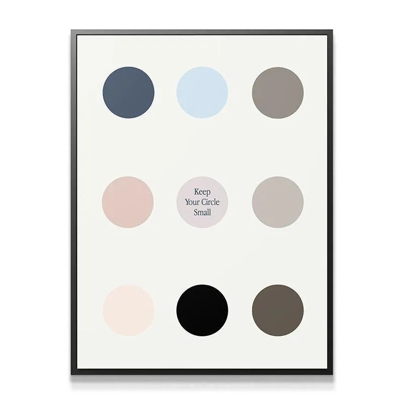 Close-up on the muted color circles (navy, blush, taupe) emphasizing the message Keep Your Circle Small.