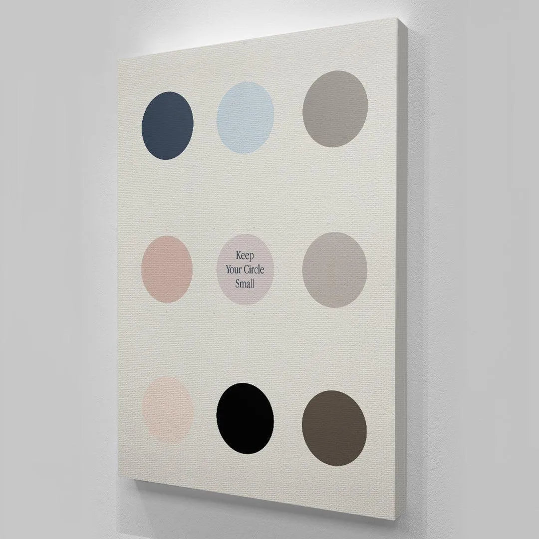 Calm bedroom environment featuring the circular artwork reminding viewers to Keep Your Circle Small.