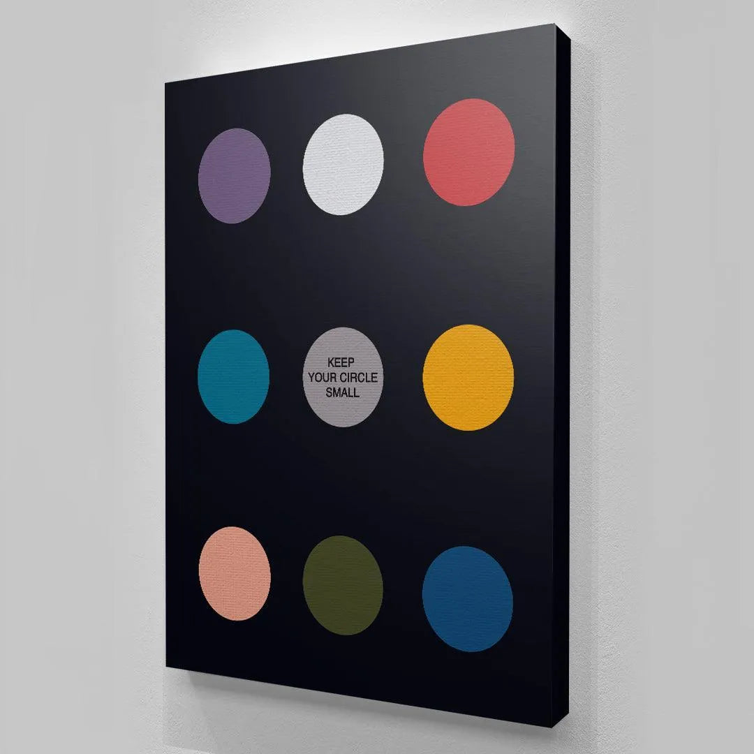 Close-up focusing on the purple, white, and red geometric circles in the top row of the Keep Your Circle Small Black Edition design.