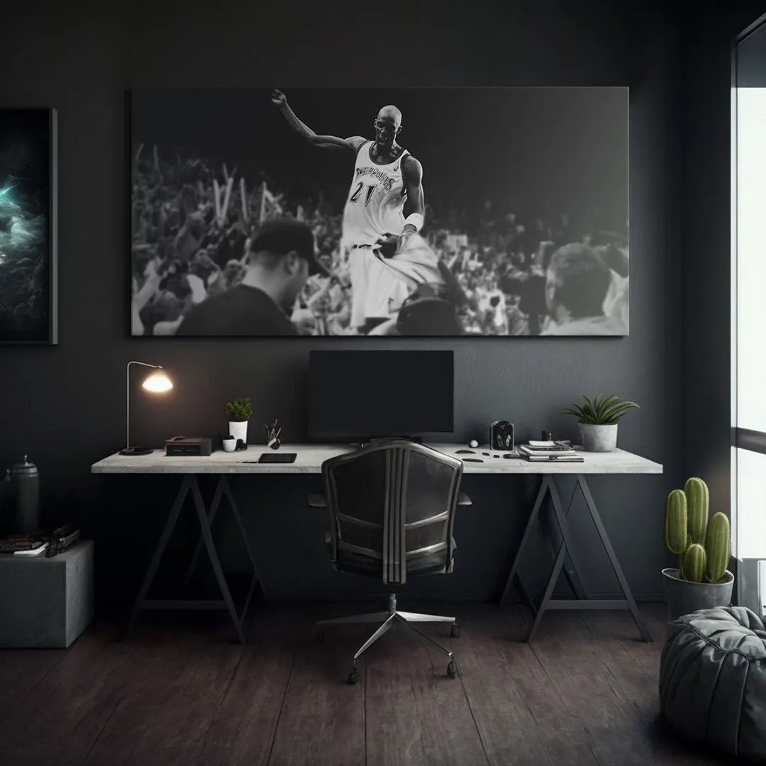 Lifestyle mockup of the framed art print of Kevin Garnett - #2 hanging in a modern living room.