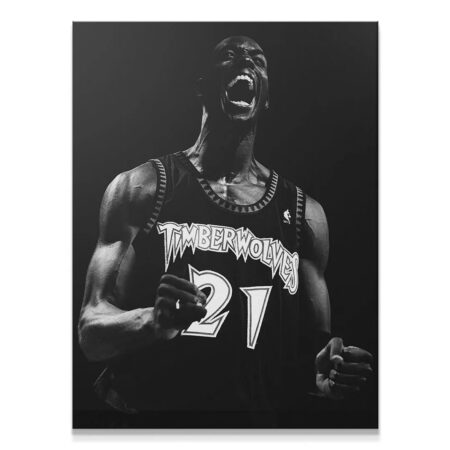 Close-up portrait of Kevin Garnett - #3 roaring mid-game, showcasing facial emotion.