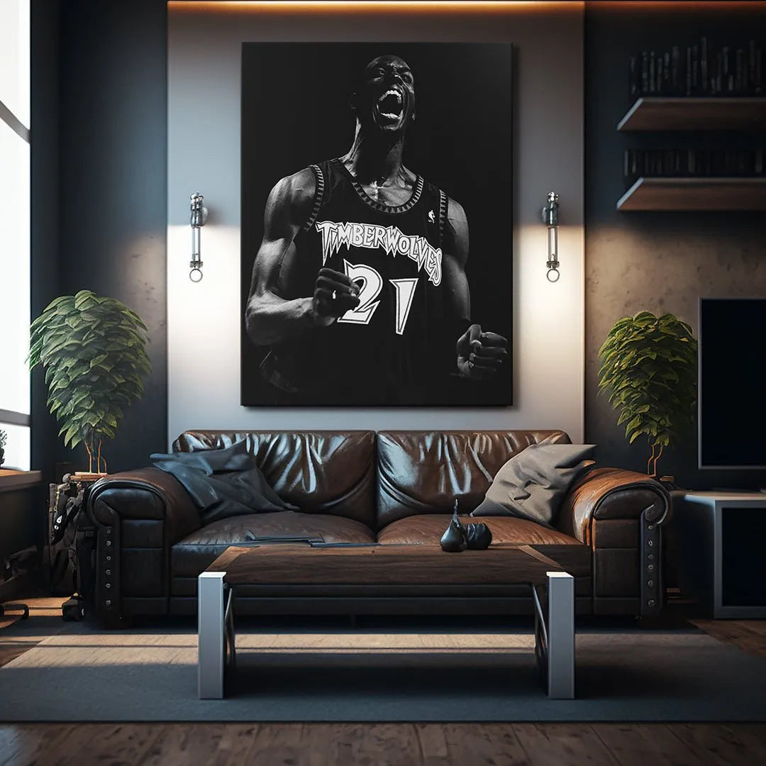 Lifestyle view of the framed print, featuring Kevin Garnett - #3, mounted on a wall.