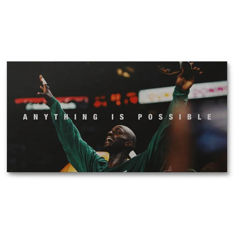 Close-up of Kevin Garnett celebrating intensely, emphasizing 'Kevin Garnett - Anything Is Possible'.