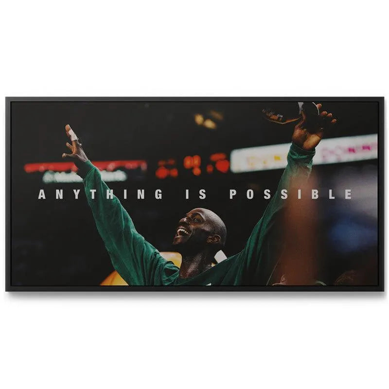 Wide shot of the celebratory basketball poster showing the text overlay: 'Kevin Garnett - Anything Is Possible'.