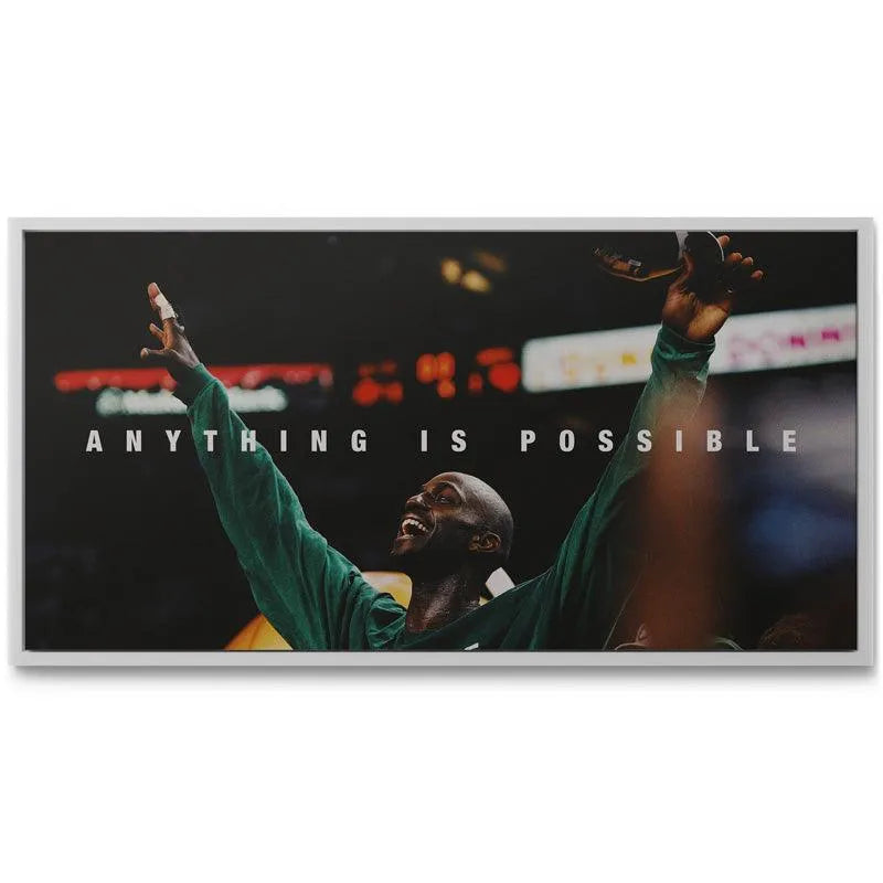 Lifestyle mock-up displaying the canvas print in an office setting: 'Kevin Garnett - Anything Is Possible'.