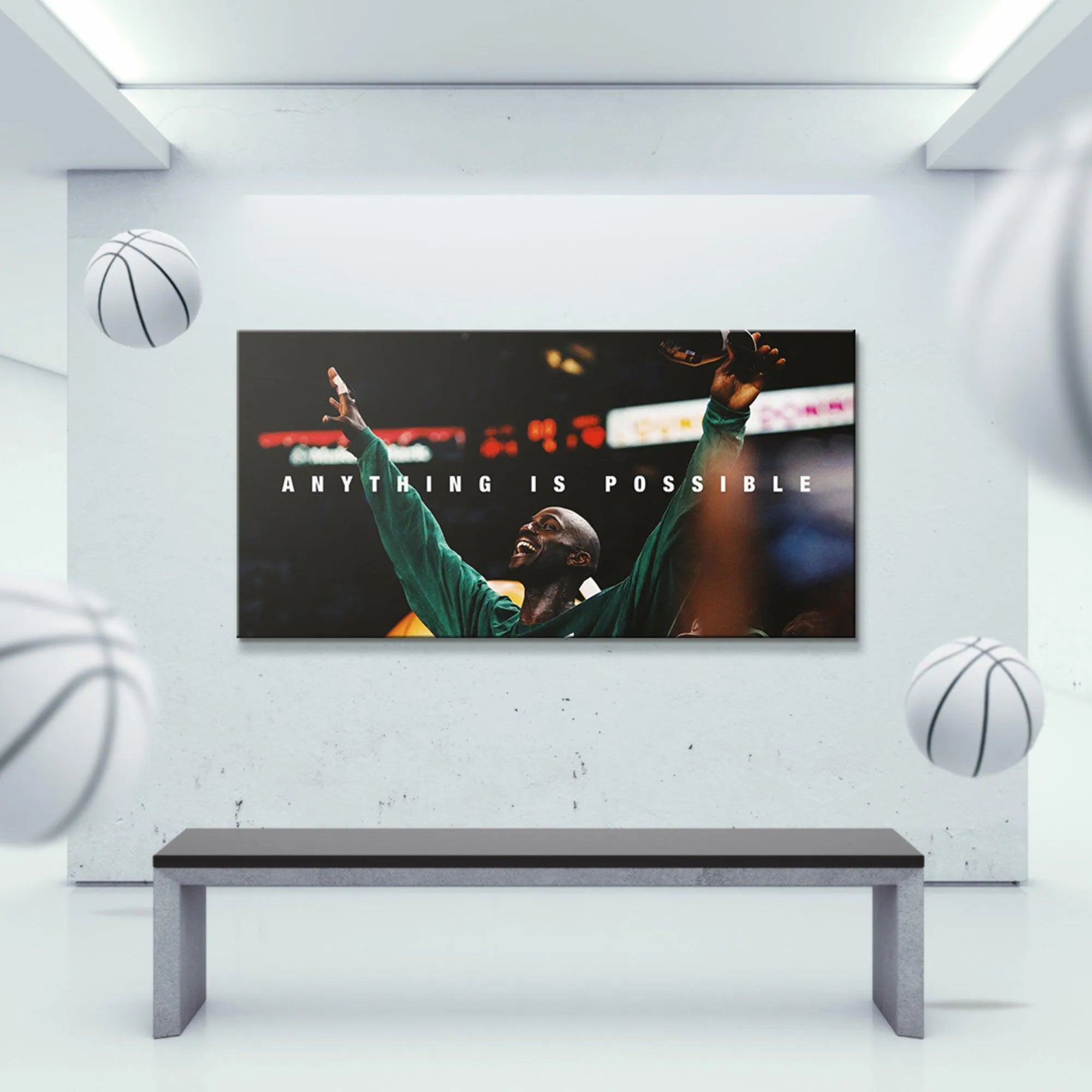 Low-angle perspective of the championship victory moment captured as 'Kevin Garnett - Anything Is Possible' wall art.