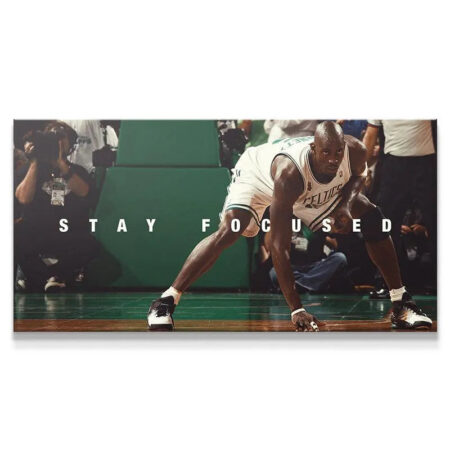 Wide view of Kevin Garnett - Stay Focused poster showing KG in a low crouch on the basketball court, ready for defense.