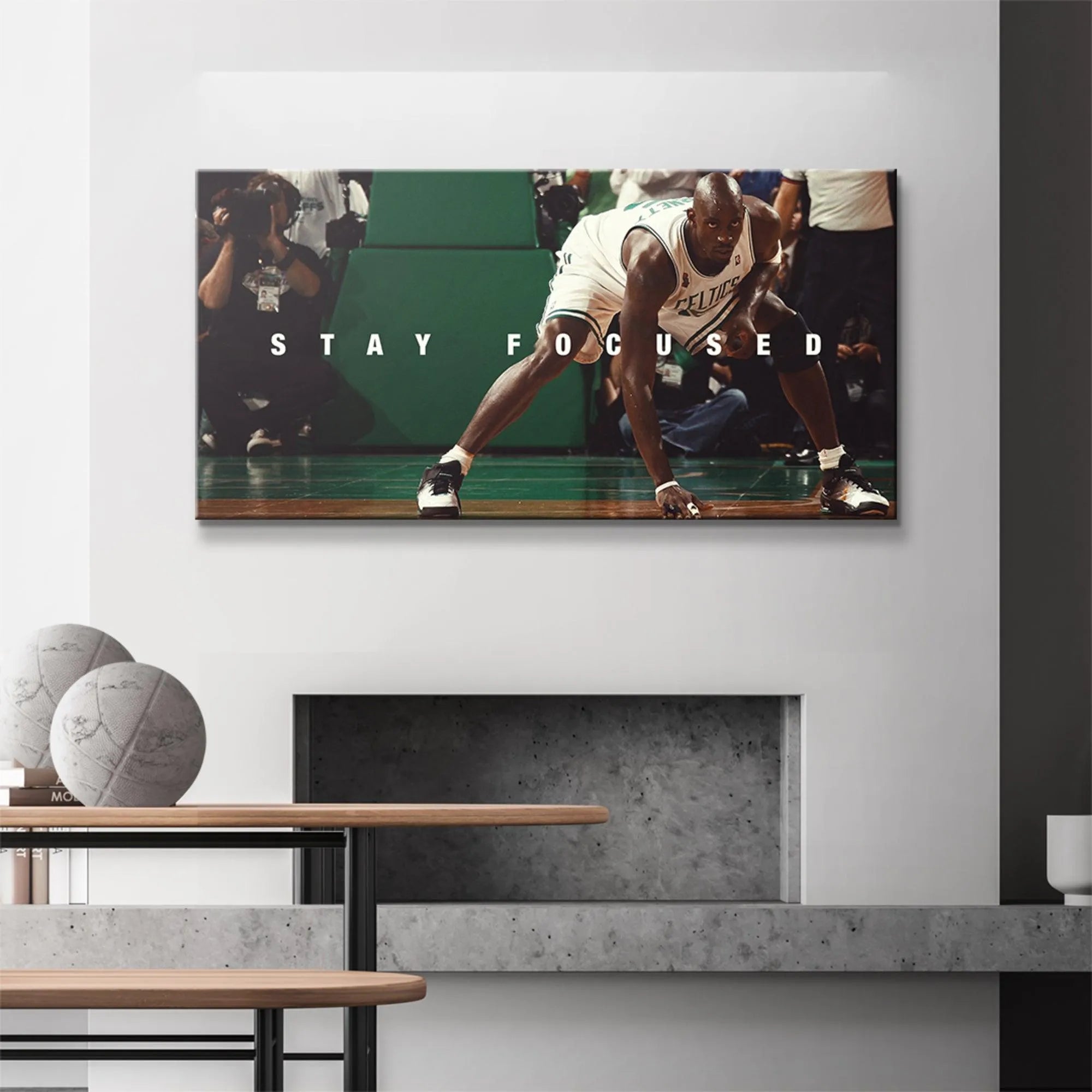 Low-angle perspective of Kevin Garnett - Stay Focused emphasizing his powerful defensive stance and arm muscle definition.