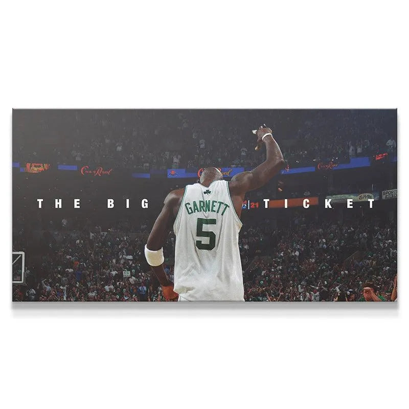 Wide-angle view of Kevin Garnett - The Big Ticket celebrating victory against the backdrop of a roaring stadium crowd.