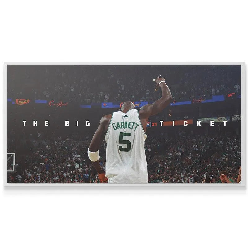 Panoramic art print featuring the silhouette of Kevin Garnett - The Big Ticket with his arm raised triumphantly.