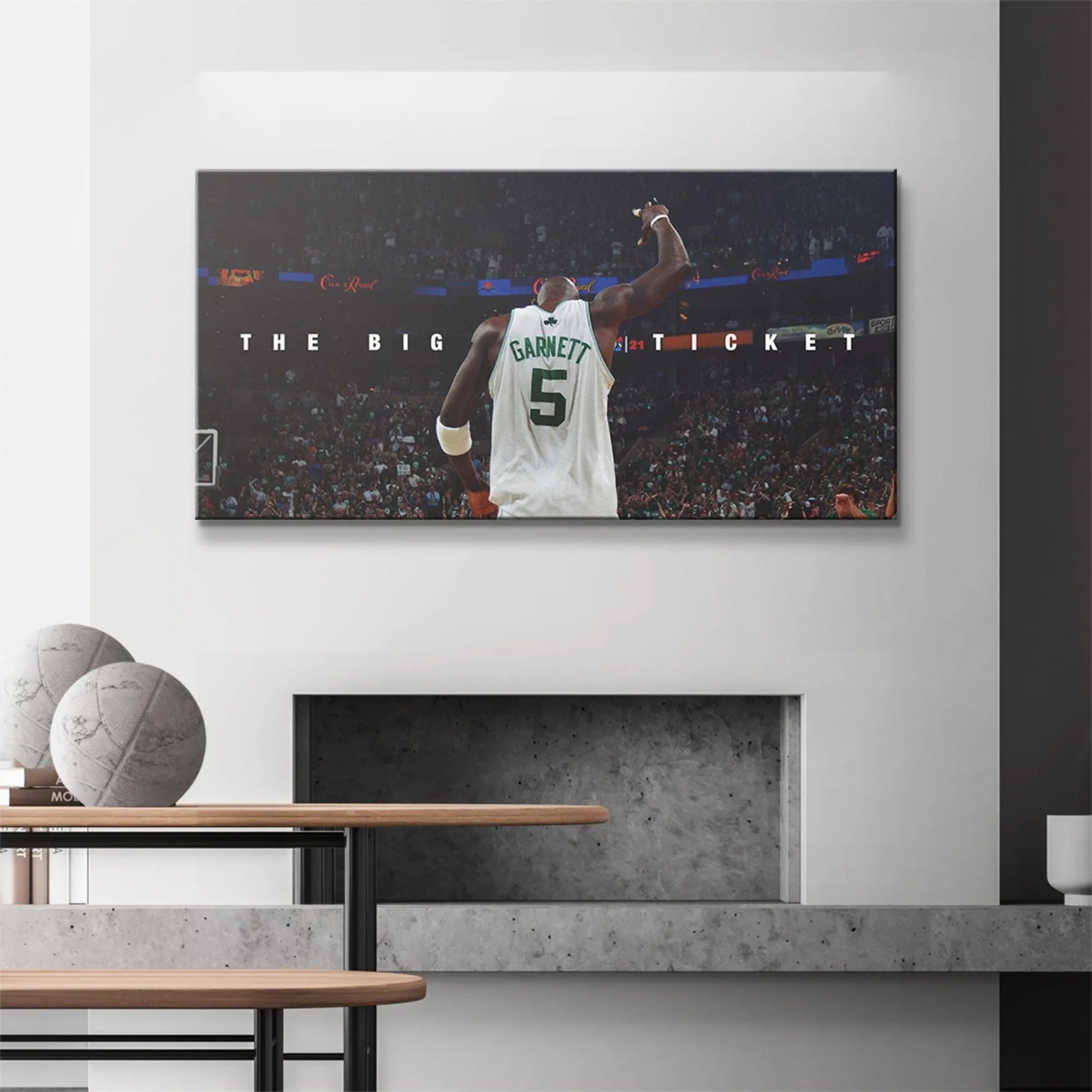 Lifestyle shot of the framed canvas print of Kevin Garnett - The Big Ticket displayed in a modern sports mancave.