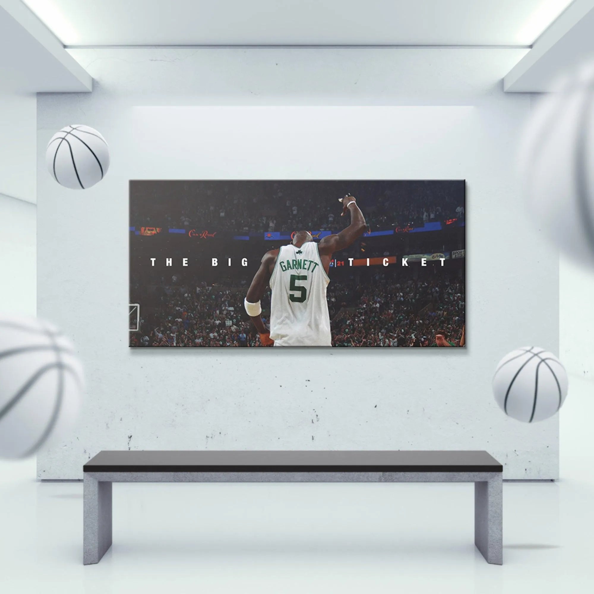 Low-angle perspective showing the muscular form of Kevin Garnett - The Big Ticket addressing the Boston crowd.