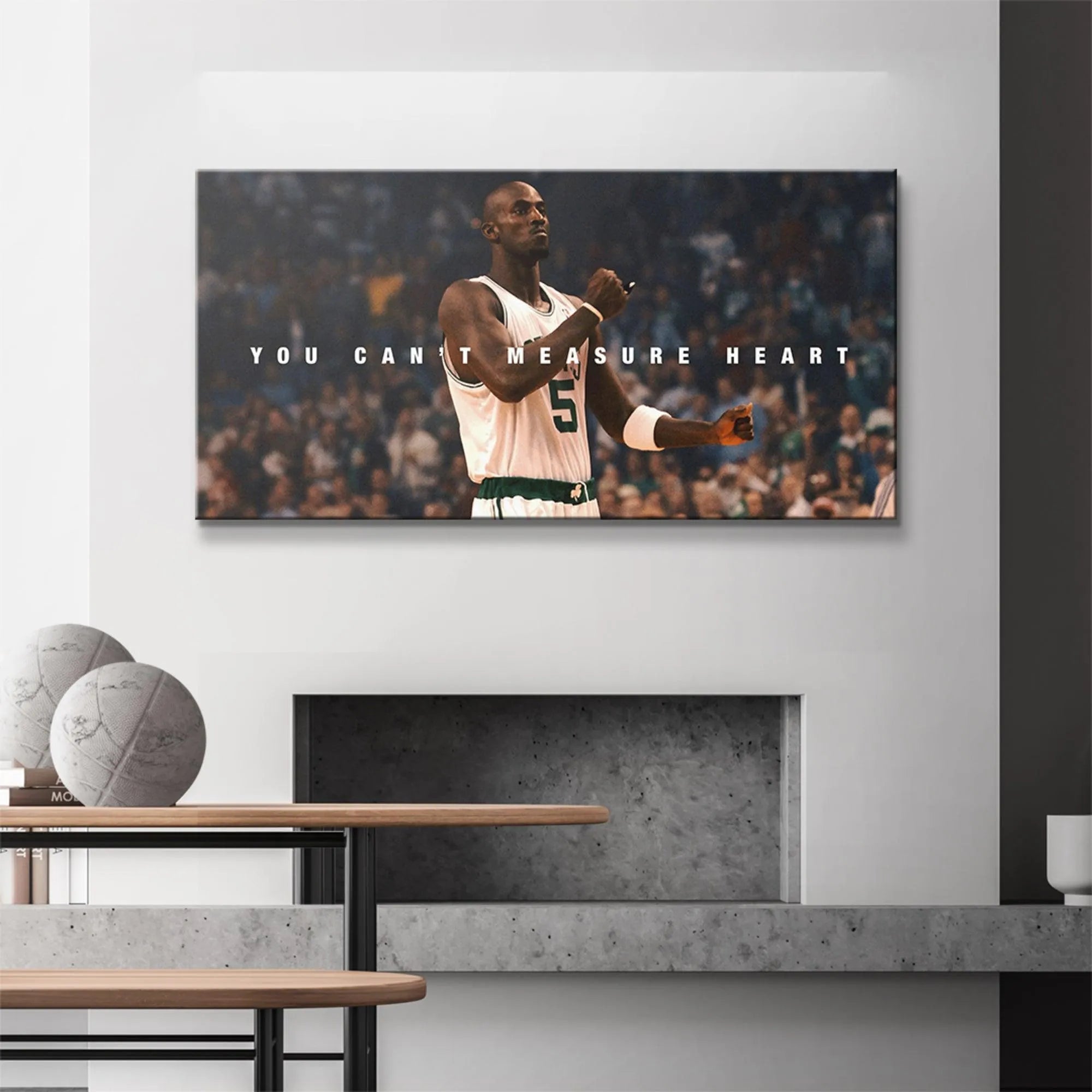 Full-length lifestyle view of the Kevin Garnett - You Can't Measure Heart canvas print displayed in a room setting.