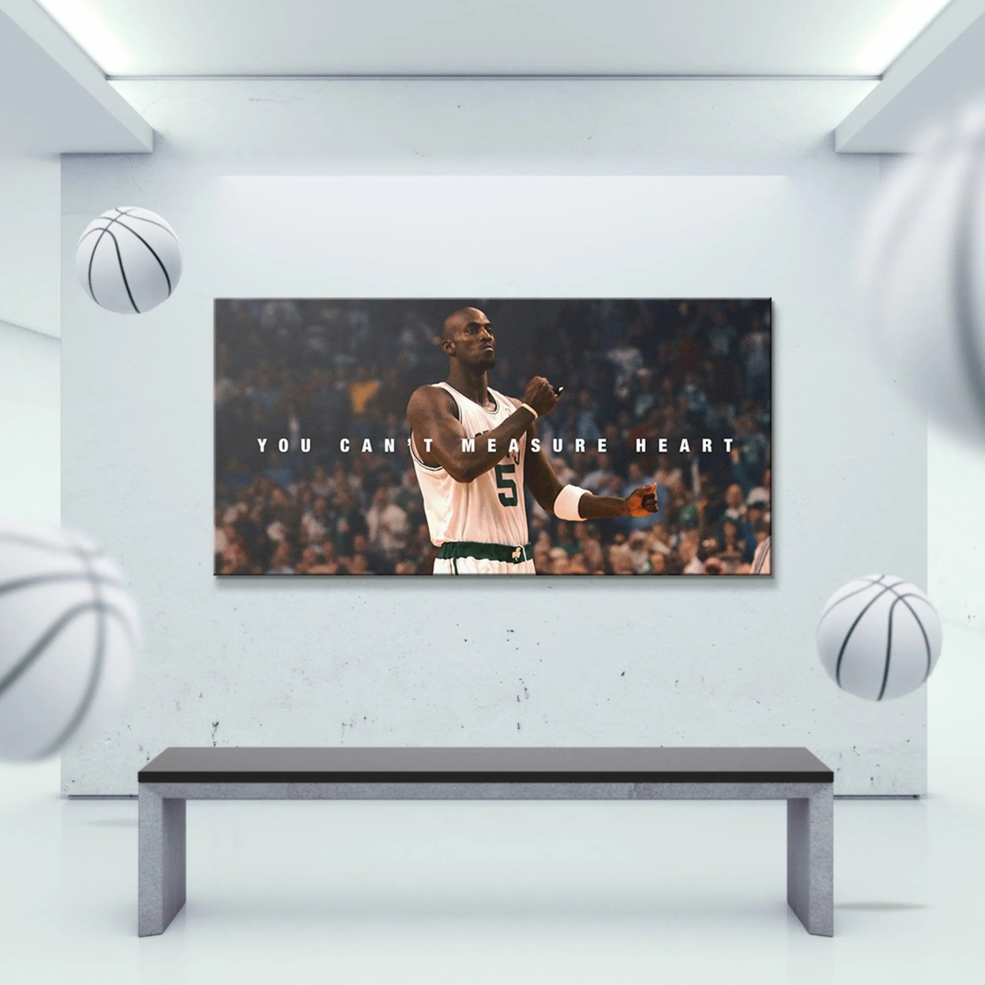 Detailed focus on Kevin Garnett's Celtics jersey number 5 and armbands highlighted in You Can't Measure Heart image.