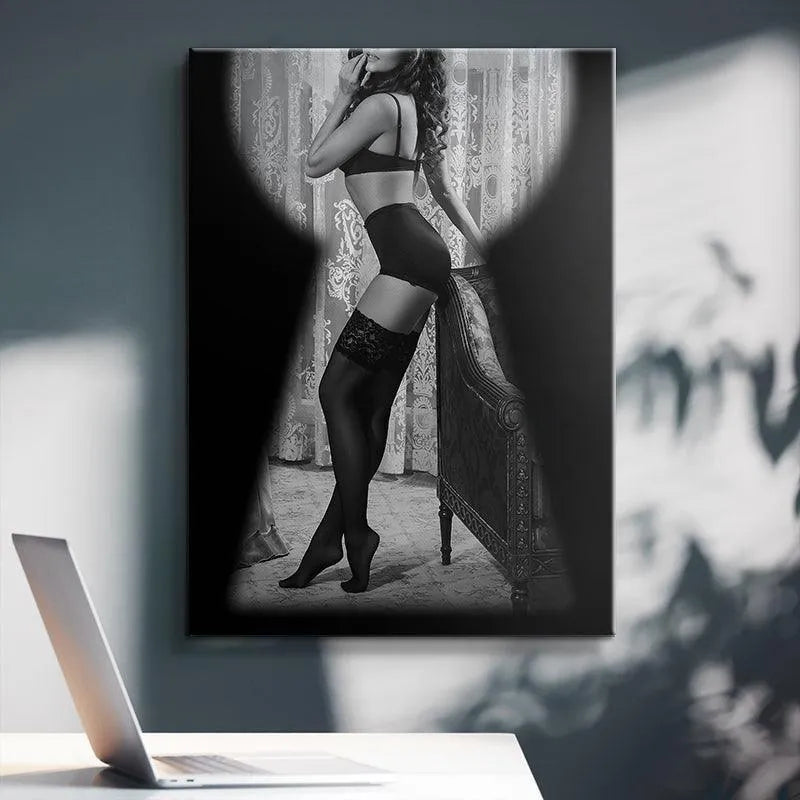 Detailed view of the antique chaise lounge and textured curtains behind the subject in the Key Hole artwork.