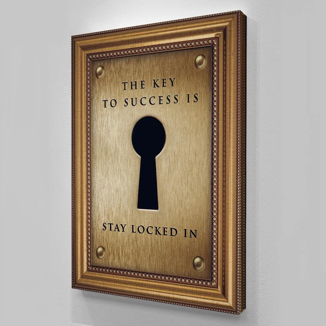 Detailed shot of the rivet hardware elements anchoring the inspirational 'Key To Success' plate to the canvas.
