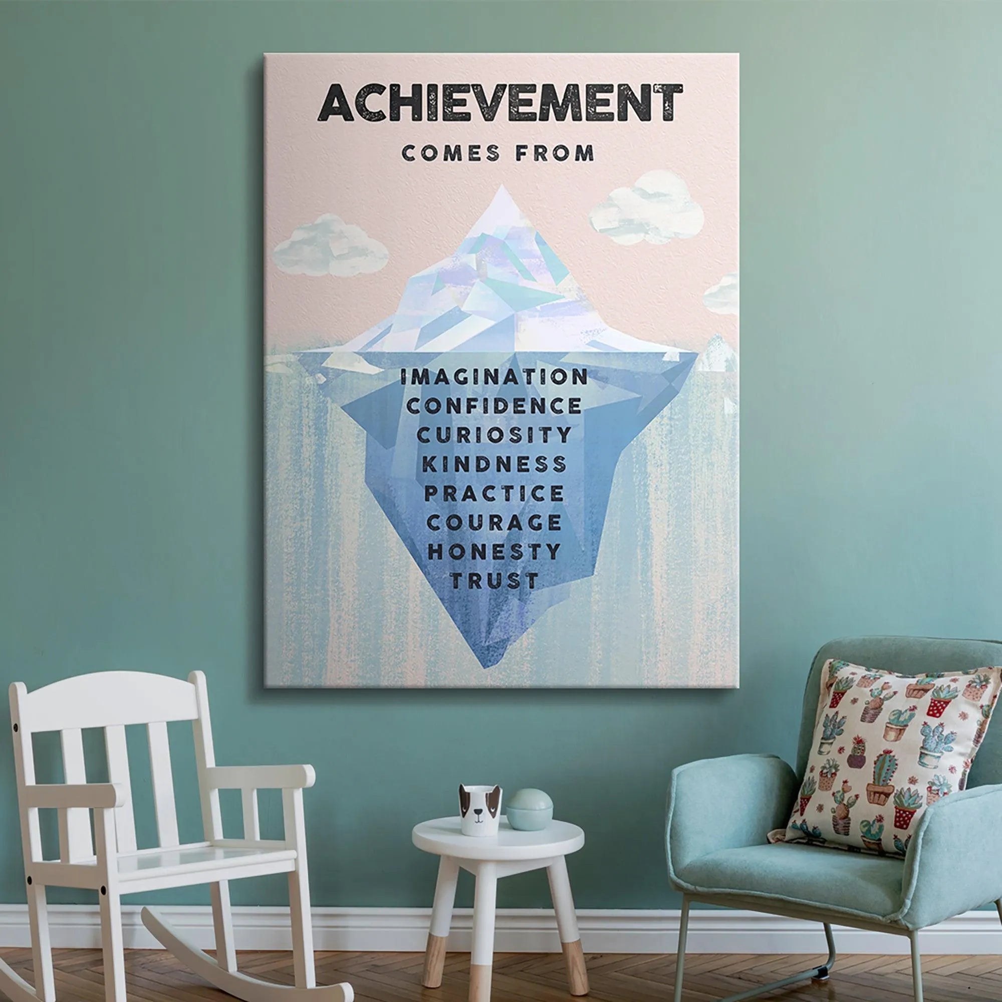 Lifestyle mock-up of the Kids Achievement poster displayed in a brightly lit children's bedroom.