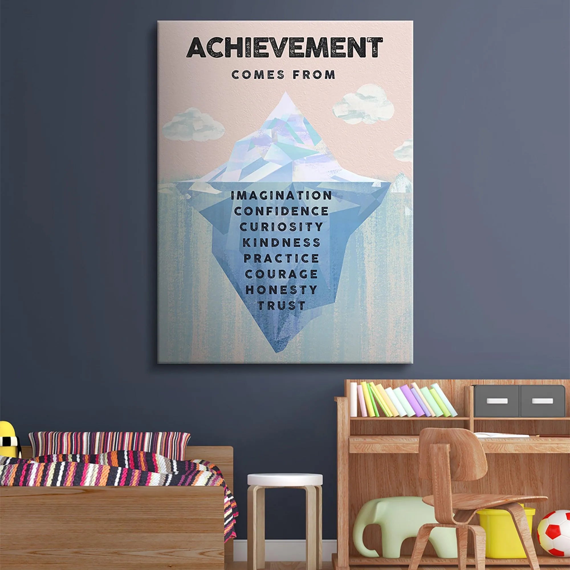 Diagonal angle showing the pink sky and blue water blend on the Kids Achievement wall art.
