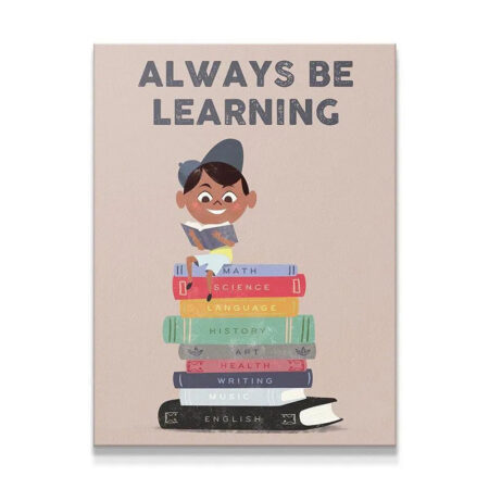Full view of the motivational poster, Kids - Always Be Learning, showing a happy child reading on colorful subject books.