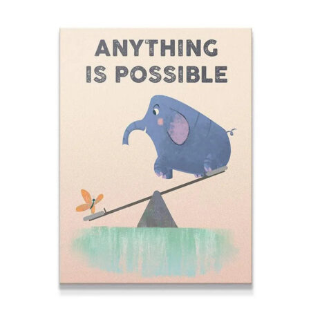 Front view of the elephant and butterfly seesaw print, captioned 'Kids Anything Is Possible' in bold letters.
