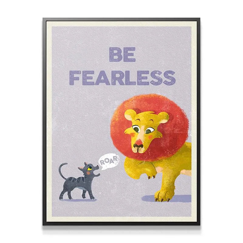 Close-up detail of the texture on the canvas print highlighting the grain on the Kids Be Fearless poster background.